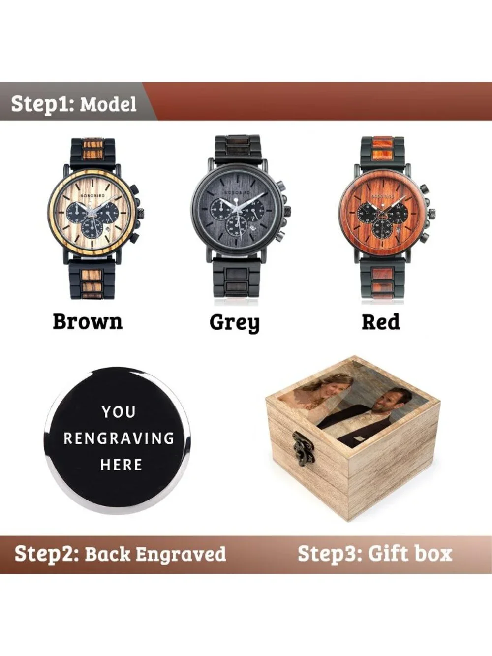 Men's Custom Watche Wood & Stainless Steel Combined Chronograph Military Quartz